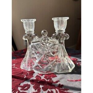 Vtg Double Candle Holder Anchor Hocking Early American Pressed Glass 4"Wx7"Lx6"H